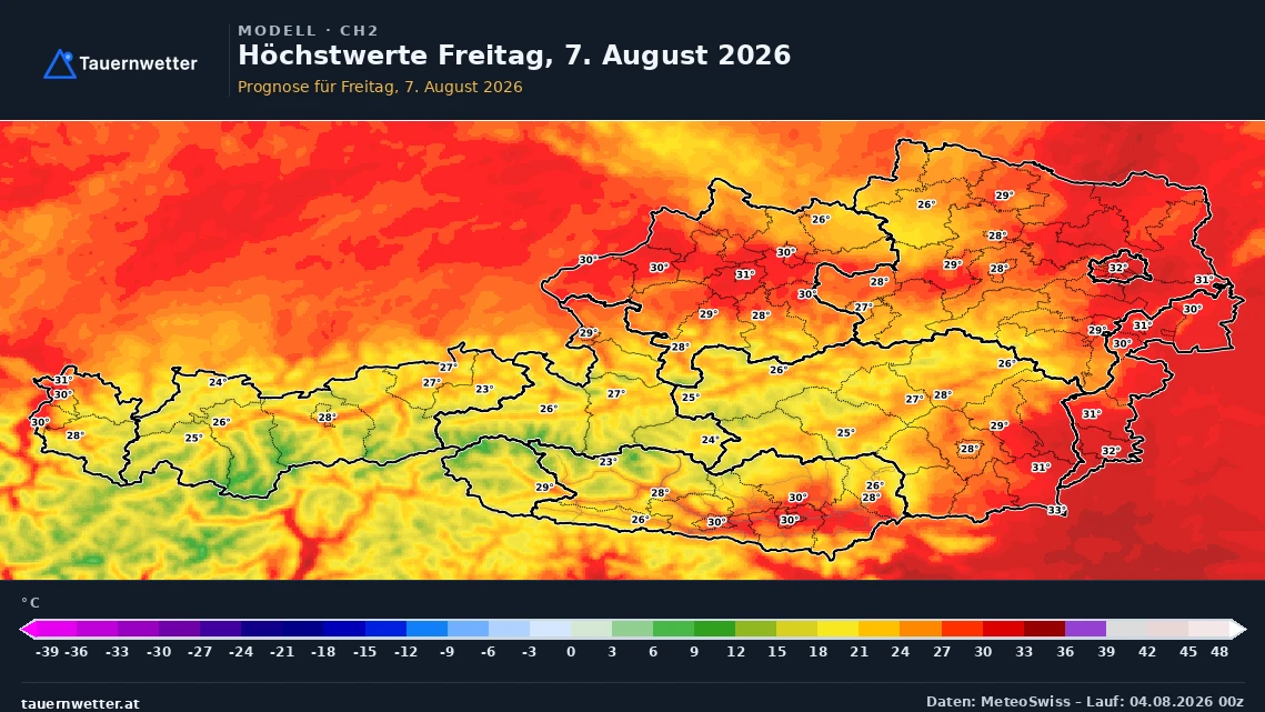 Prognosekarte der Höchstwerte in Österreich für Freitag, den 7. August 2026.