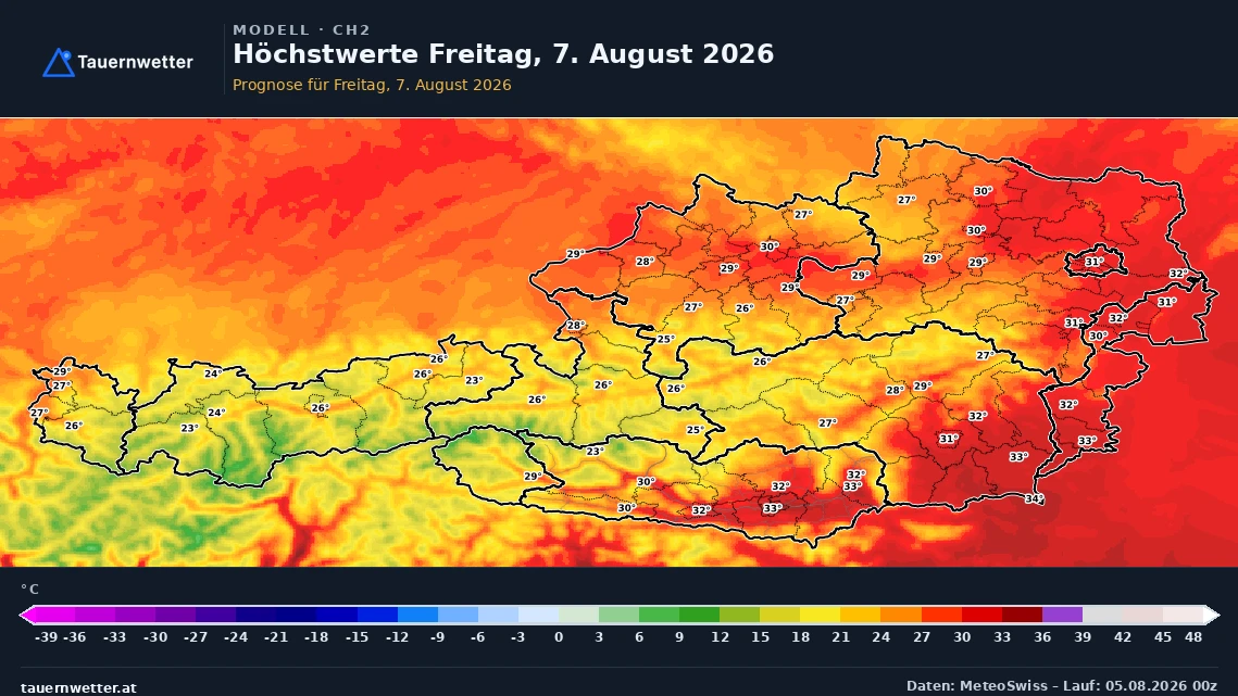 Prognosekarte der Höchstwerte in Österreich für Freitag, den 7. August 2026.