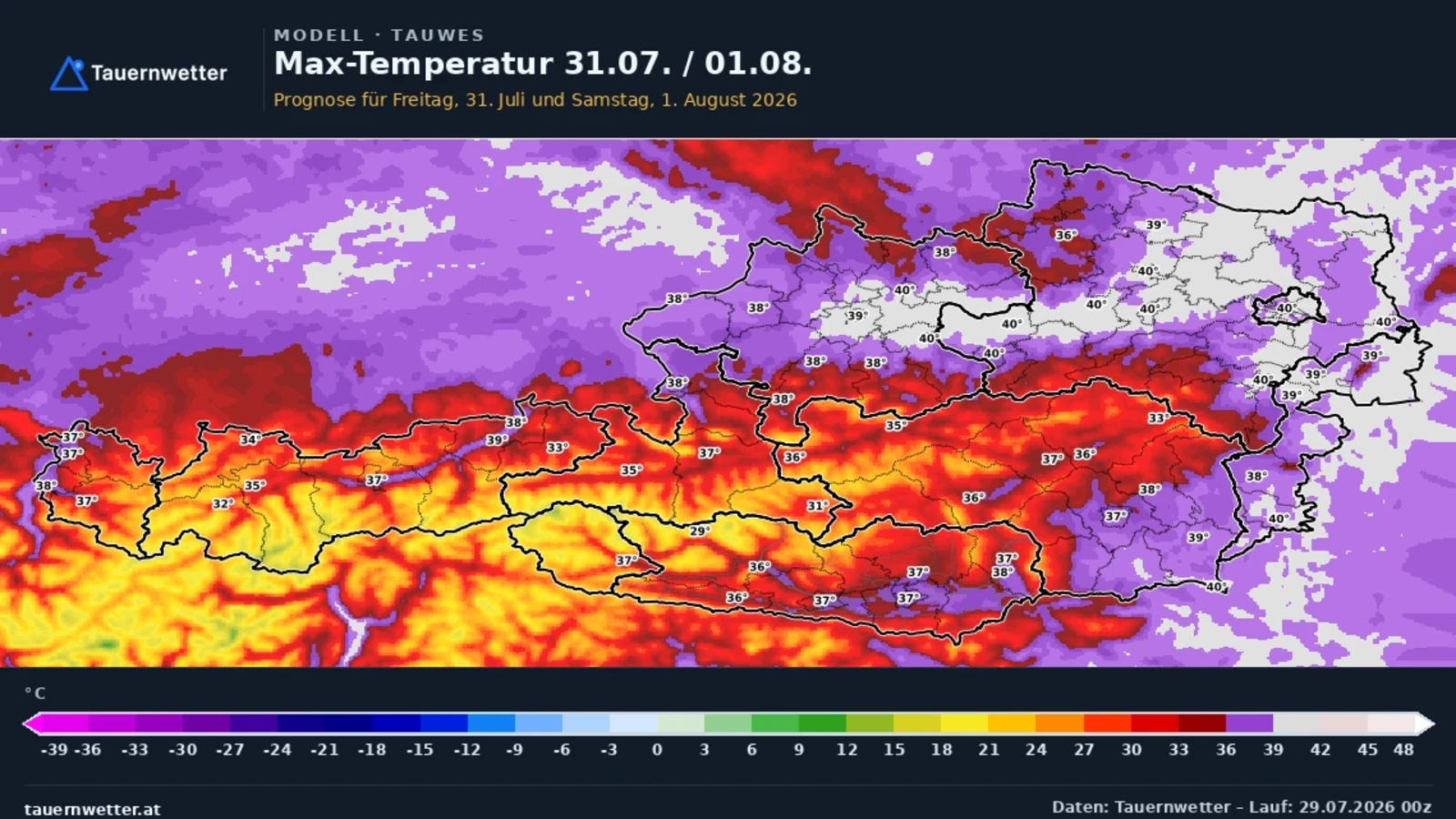 Prognosekarte für Österreich mit Höchstwerten bis 40 Grad im Osten am 31. Juli und 1. August 2026.