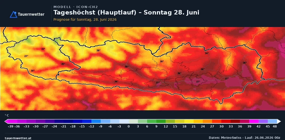 ICON-CH2-Karte (MeteoSwiss) des Tageshöchstwerts für Sonntag, 28. Juni, mit 35 bis 37 Grad in den Becken und Tälern Kärntens und Osttirols