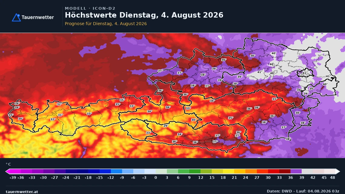 Prognosekarte der Höchstwerte in Österreich für Dienstag, den 4. August 2026, aus dem 03-UTC-Lauf von ICON-D2.