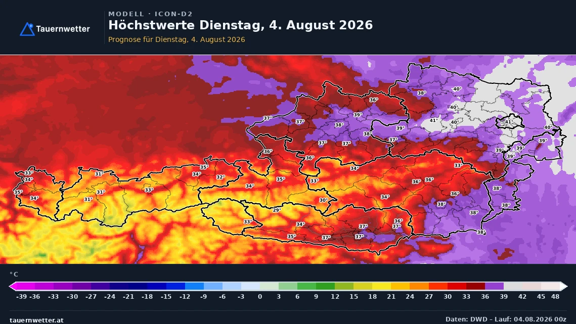 Prognosekarte der Höchstwerte in Österreich für Dienstag, den 4. August 2026, mit bis zu 41 Grad im Osten.