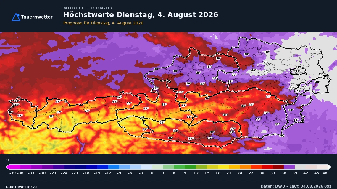 Prognosekarte der Höchstwerte in Österreich für Dienstag, den 4. August 2026, aus dem 09-UTC-Lauf von ICON-D2.
