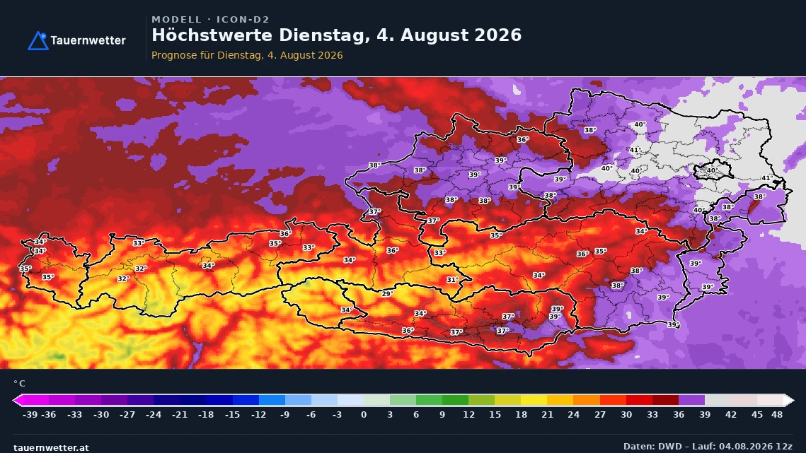 Prognosekarte der Höchstwerte in Österreich für Dienstag, den 4. August 2026.