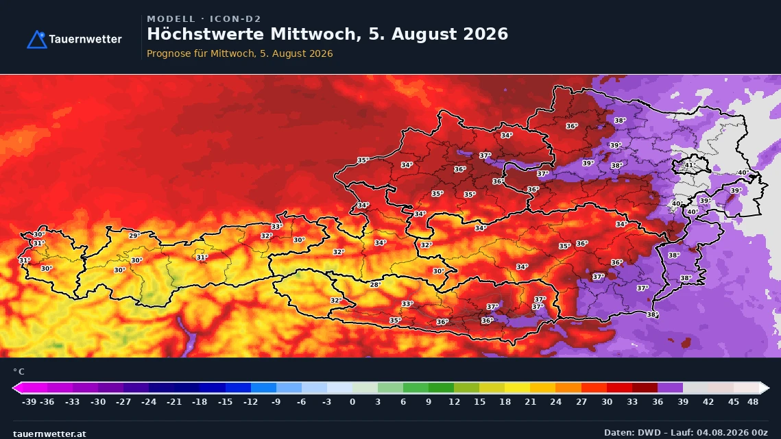 Prognosekarte der Höchstwerte in Österreich für Mittwoch, den 5. August 2026, im Modell ICON-D2.