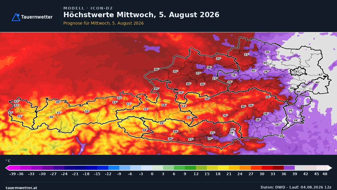Prognosekarte der Höchstwerte in Österreich für Mittwoch, den 5. August 2026.