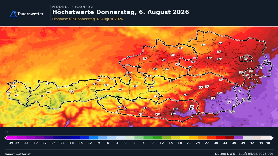 Prognosekarte der Höchstwerte in Österreich für Donnerstag, den 6. August 2026.