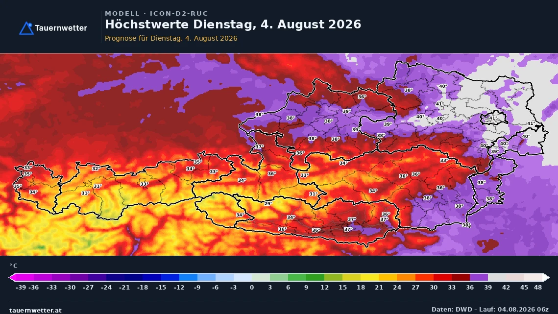 Prognosekarte der Höchstwerte in Österreich für Dienstag, den 4. August 2026, aus dem RUC-Lauf von ICON-D2.