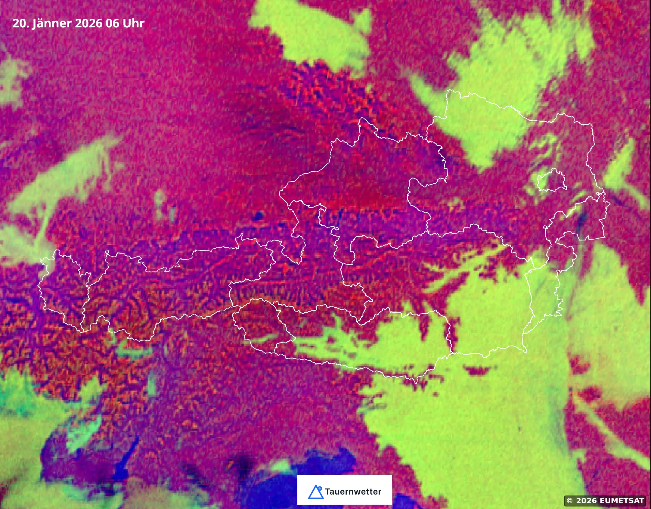 Satellitenbild Österreich vom 20. Jänner 2026 um 06 Uhr zeigt klare Verhältnisse in Osttirol und Hochnebel in vielen Kärntner Tälern sowie im Klagenfurter Becken