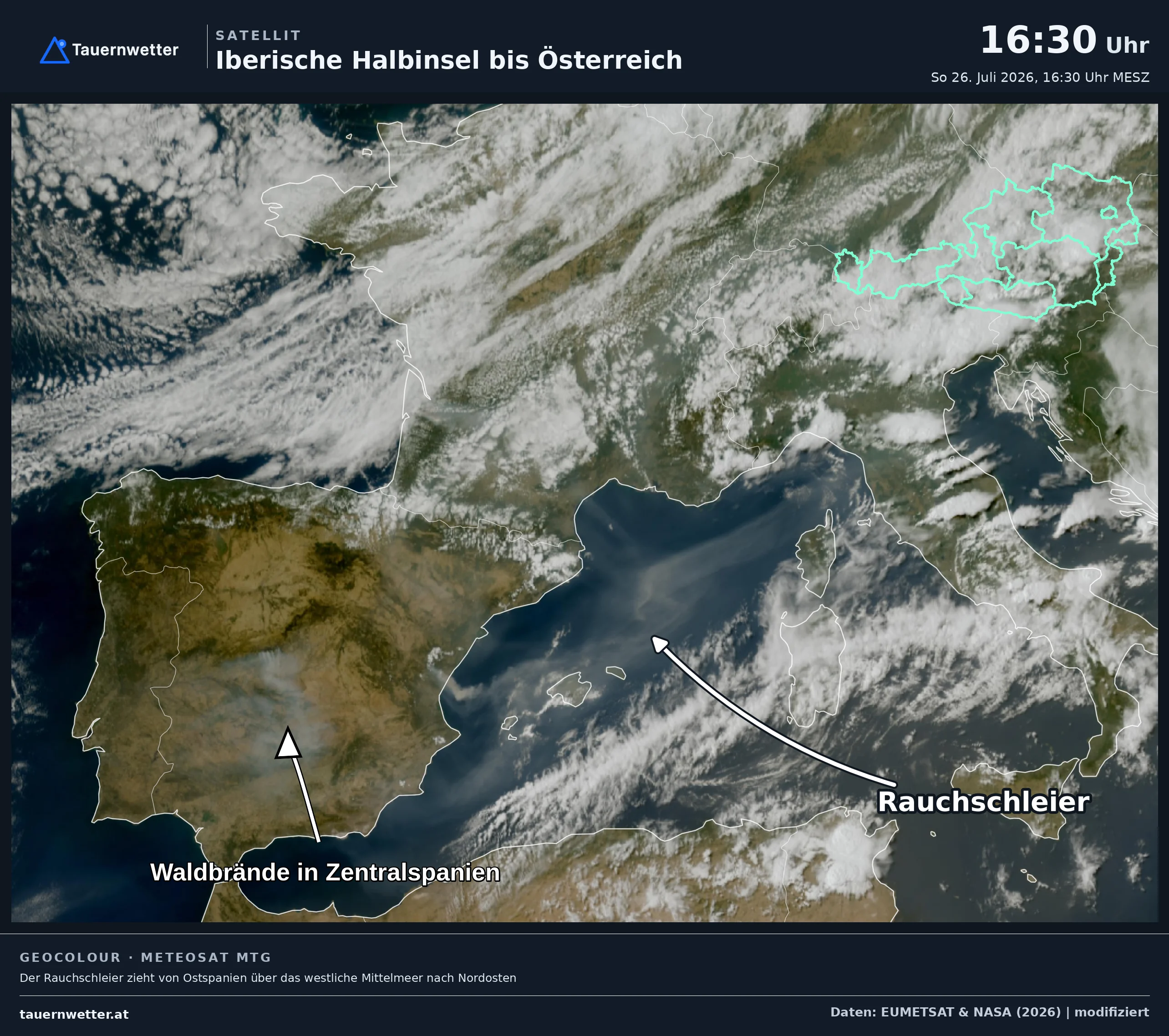 Satellitenbild vom 26. Juli 2026 mit den Waldbränden in Zentralspanien und dem Rauchschleier über dem westlichen Mittelmeer bis Österreich.