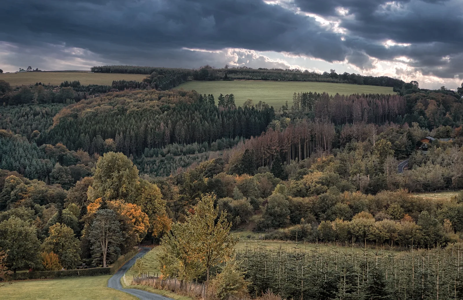 Dunkle Gewitterwolken über einer sommerlichen Berglandschaft