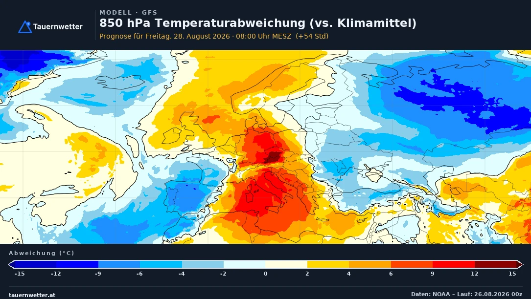 Europakarte der Temperaturabweichung in rund 1500 Meter Höhe (850 hPa) vom Klimamittel für Freitag, 28. August 2026, 8 Uhr: über Österreich, Süddeutschland und Italien 9 bis 12 Grad zu warm, über Osteuropa und Skandinavien zu kalt.
