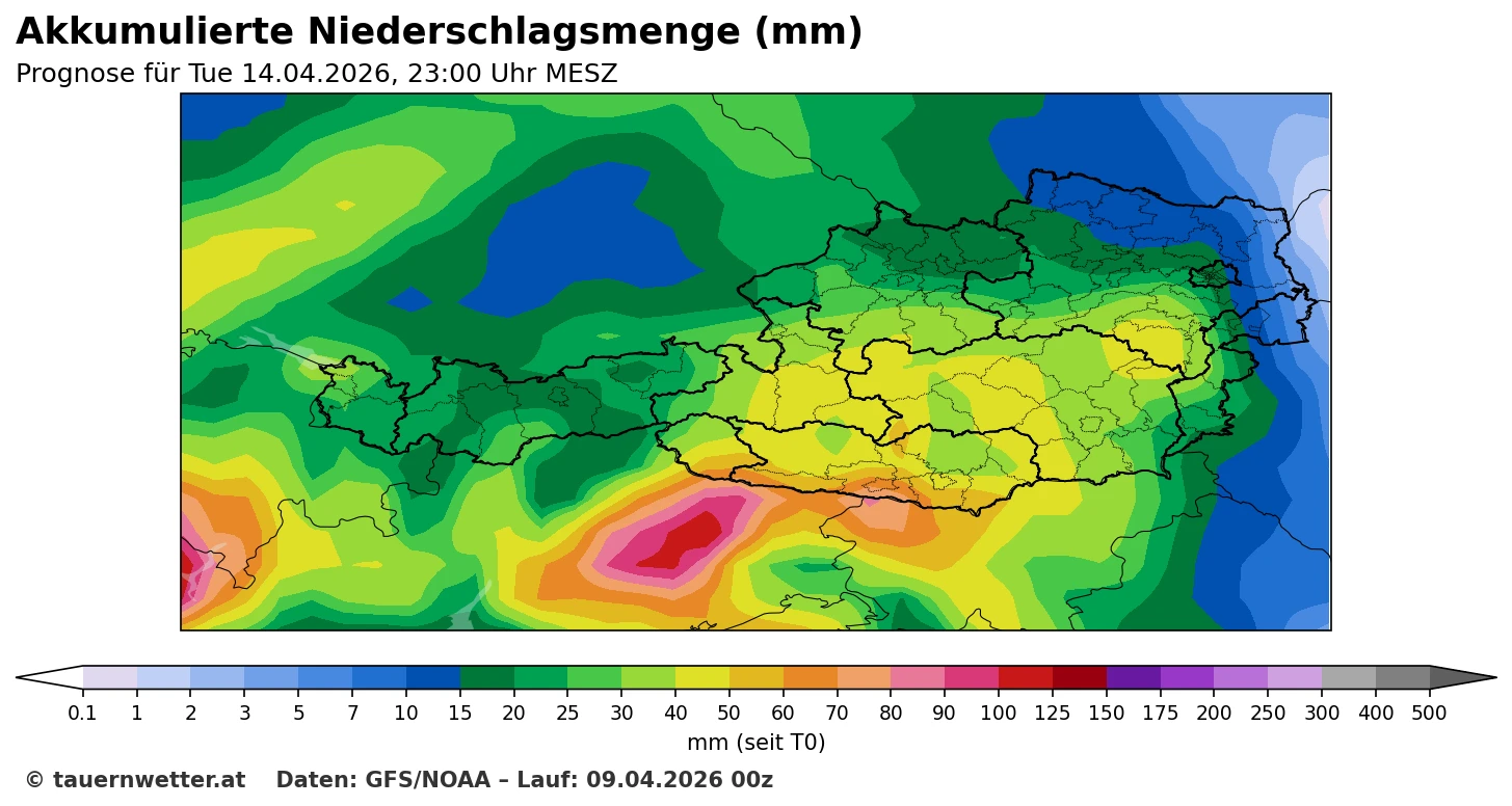 GFS-Niederschlagsprognose bis Dienstagabend, 14. April 2026, für Kärnten und Osttirol