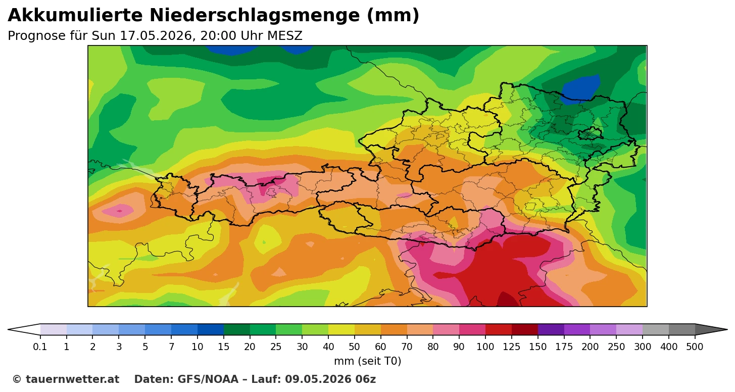 GFS-Niederschlagsprognose für Österreich bis Sonntag, 17. Mai 2026