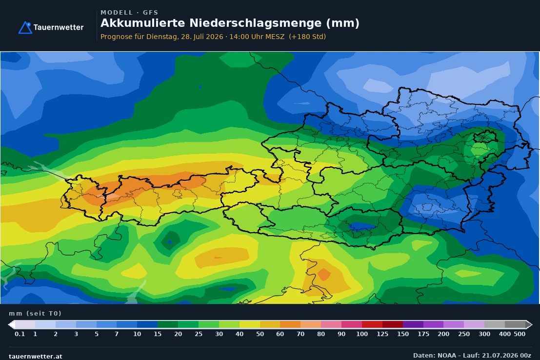 Karte des akkumulierten Niederschlags über Österreich bis 28. Juli mit den größten Mengen an der Alpennordseite und wenig Regen in Kärnten und Osttirol.