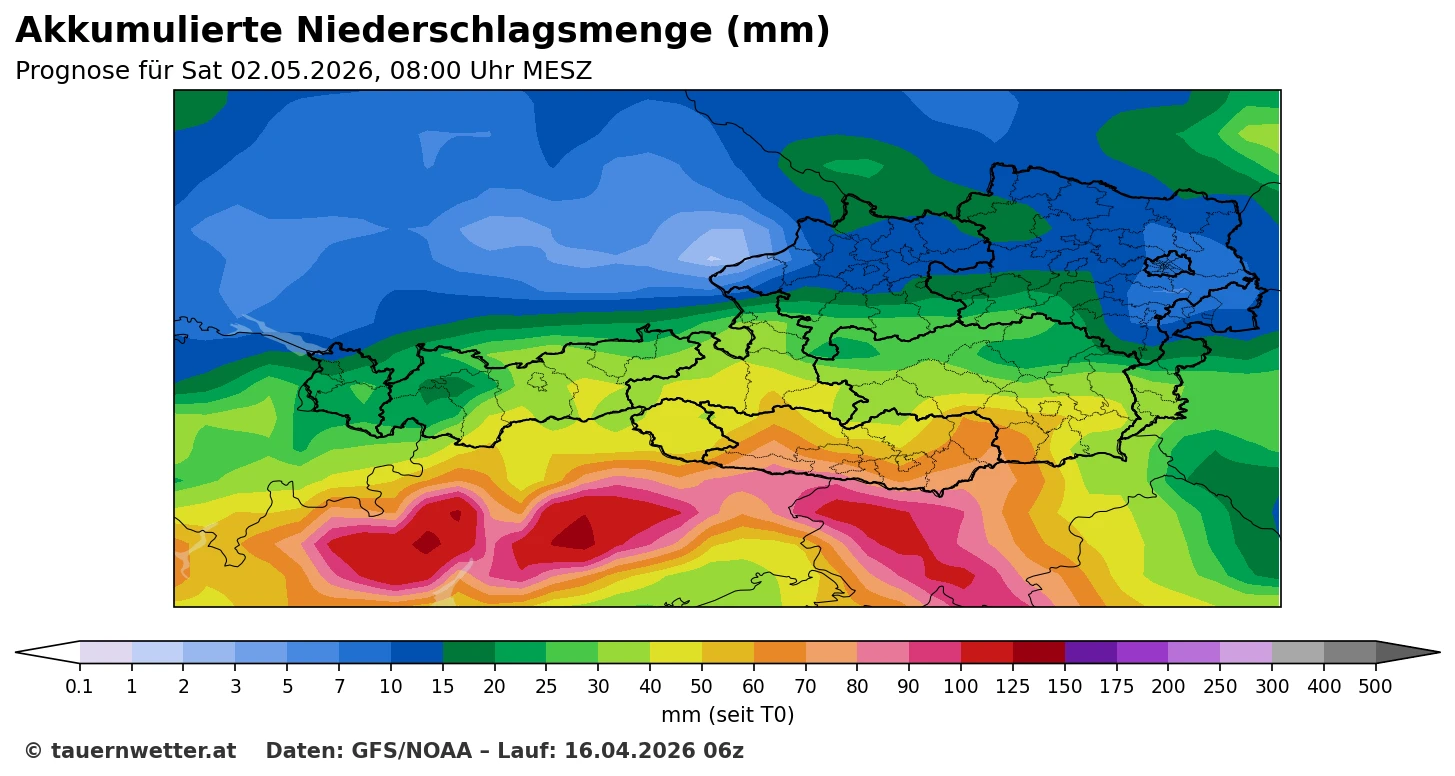 GFS-Niederschlagsprognose für Österreich bis 2. Mai 2026 mit Italientief-Signal