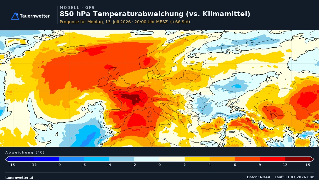 Karte der Temperaturabweichung in 850 Hektopascal über Europa für Montag mit kräftiger Wärmeanomalie über West- und Mitteleuropa.