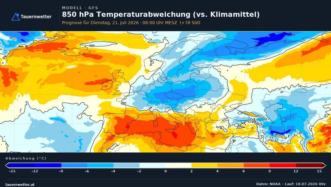 Karte der Temperaturabweichung in 850 Hektopascal über Europa für Dienstag mit kühler Luft über dem Alpenraum.