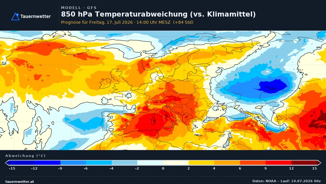 Karte der Temperaturabweichung in 850 Hektopascal über Europa für Freitag mit großer Wärmeanomalie über dem Alpenraum.