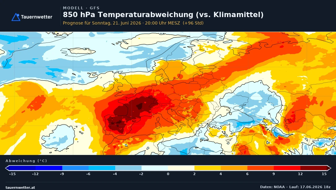 Karte der Temperaturabweichung gegenüber dem Klimamittel mit einer außergewöhnlich heißen Luftmasse über Mitteleuropa