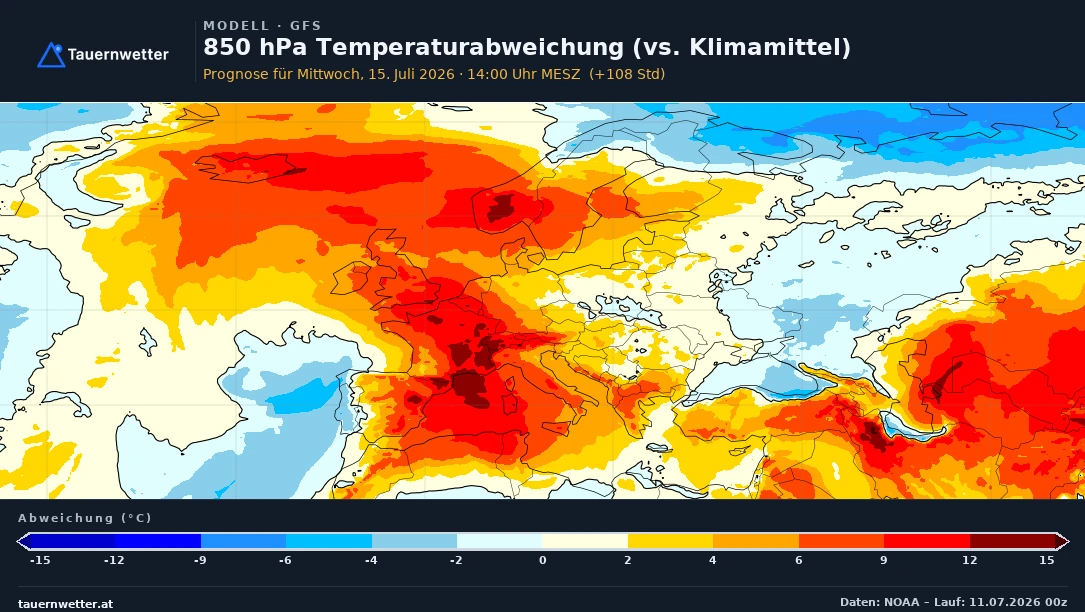 Karte der Temperaturabweichung in 850 Hektopascal über Europa für Mittwoch mit bis zu 15 Grad über dem Klimamittel.
