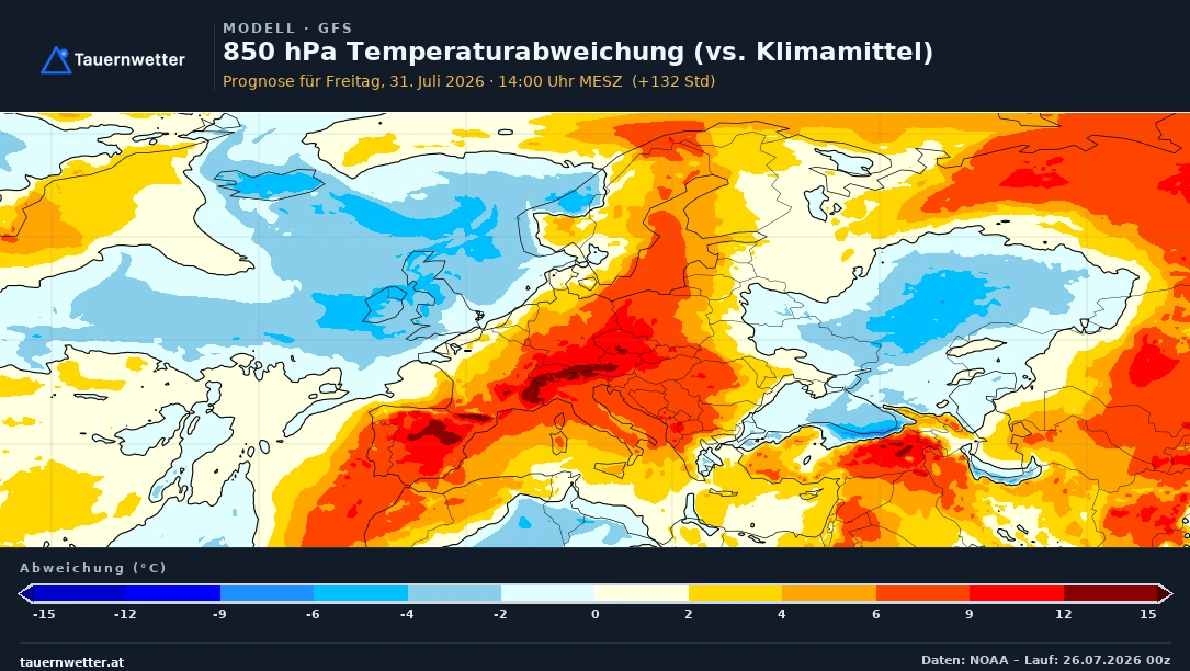 GFS-Karte der 850-hPa-Temperaturabweichung für Freitag, 31. Juli, mit kräftigem Wärmekern über Mitteleuropa.