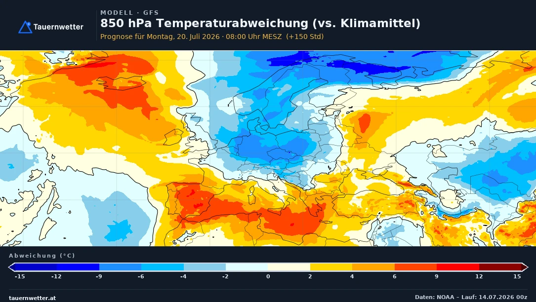 Karte der Temperaturabweichung in 850 Hektopascal über Europa für Montag mit leicht unterdurchschnittlichen Temperaturen über dem Alpenraum.