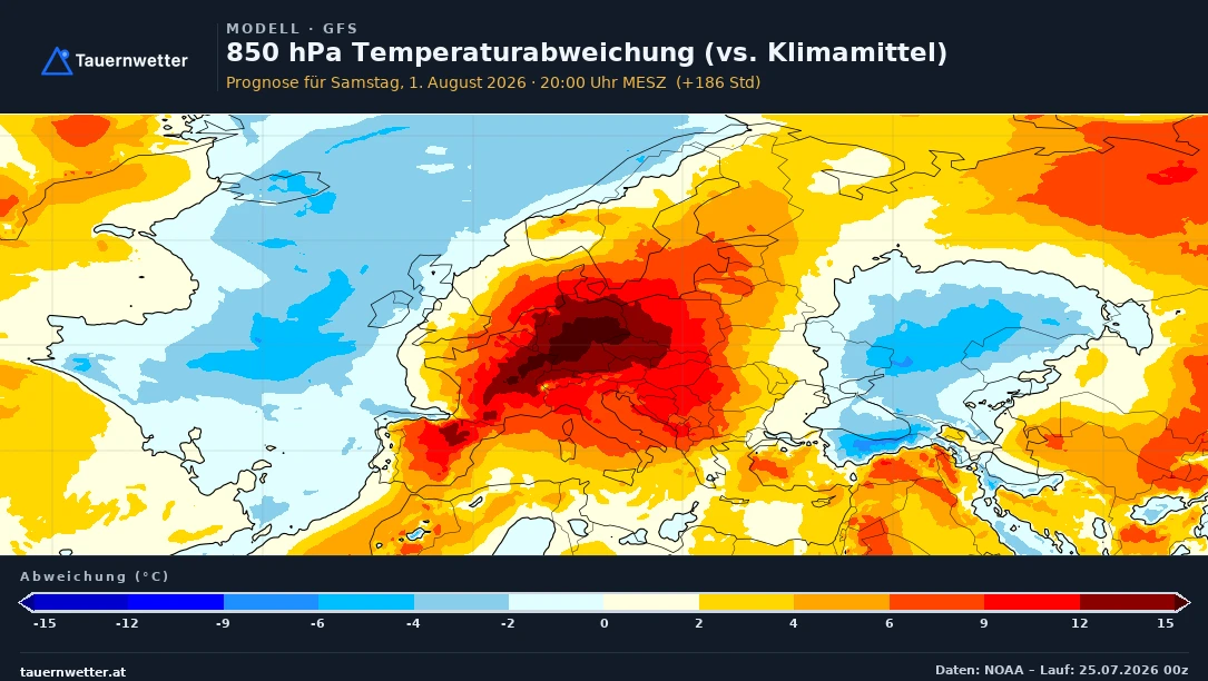 GFS-Karte der 850-hPa-Temperaturabweichung für Samstag, 1. August, mit extremer Wärmeanomalie über Mitteleuropa.