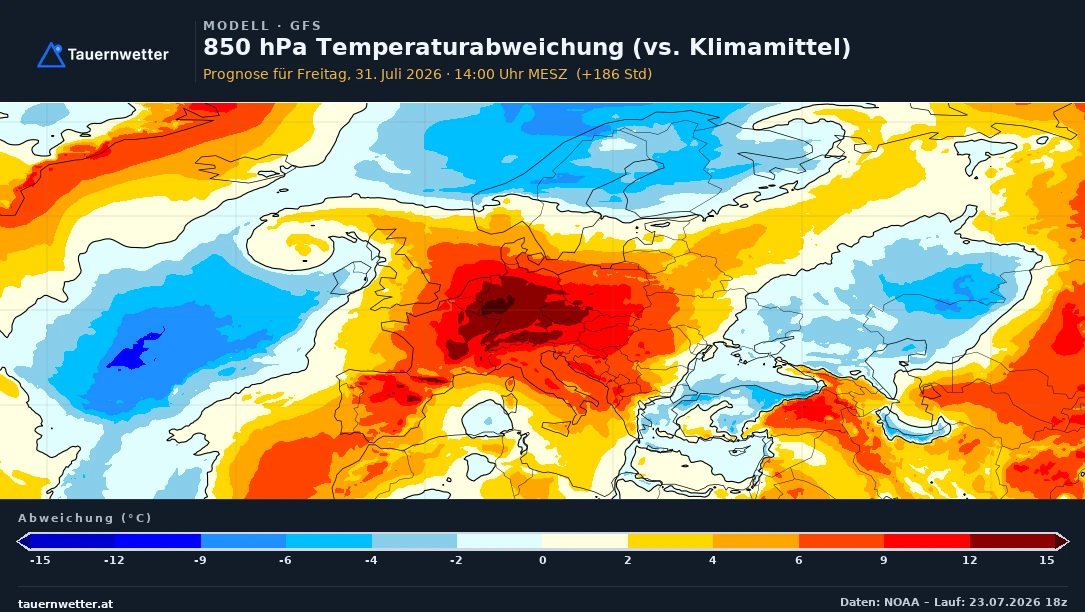850-hPa-Temperaturabweichung über Europa für Freitag, 31. Juli, mit zwölf Grad und mehr über dem Klimamittel über dem Alpenraum.
