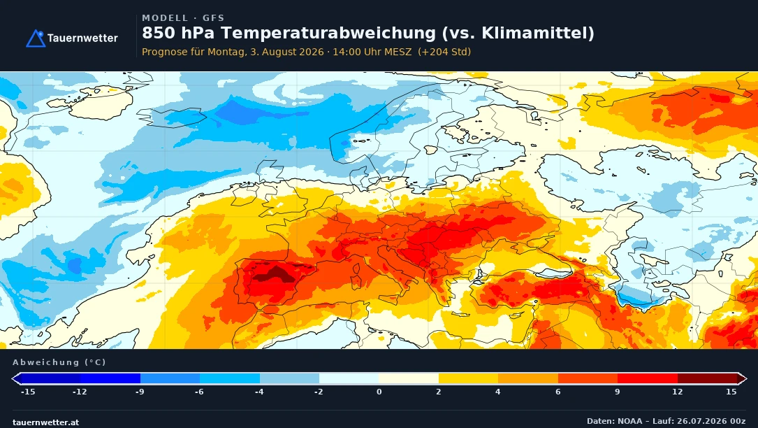 GFS-Karte der 850-hPa-Temperaturabweichung für Montag, 3. August.