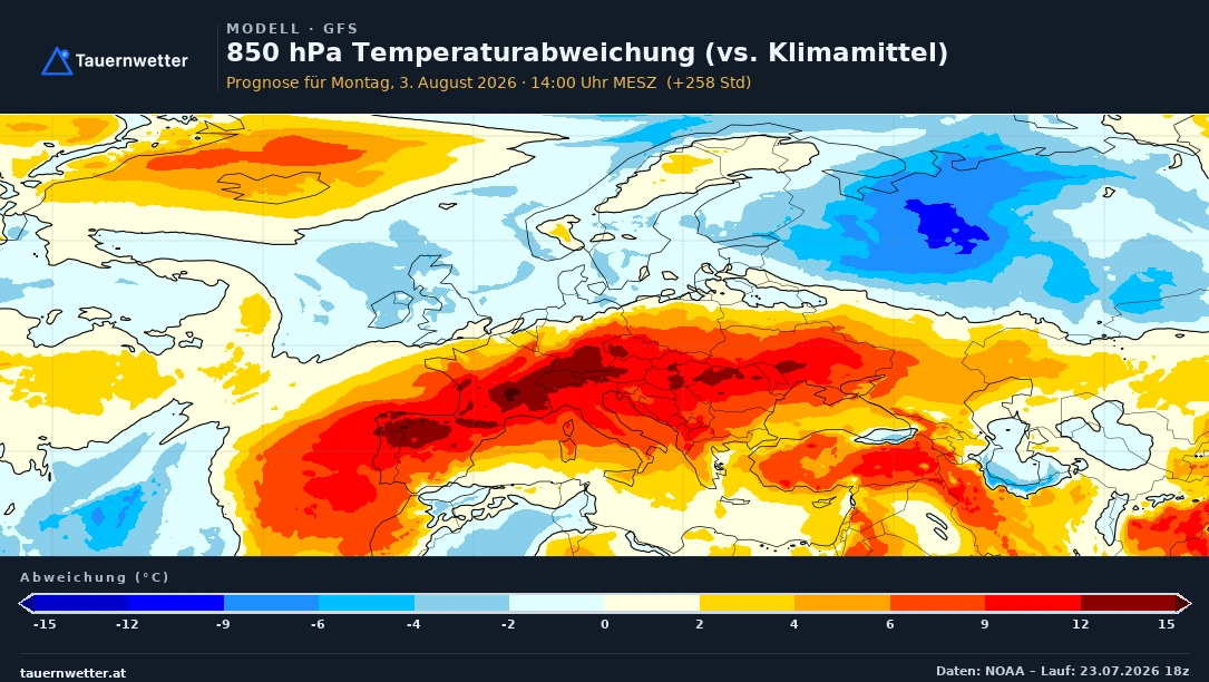850-hPa-Temperaturabweichung über Europa für Montag, 3. August, mit dem Kern der Hitze etwas nach Westen verlagert, über dem Alpenraum weiterhin extrem.