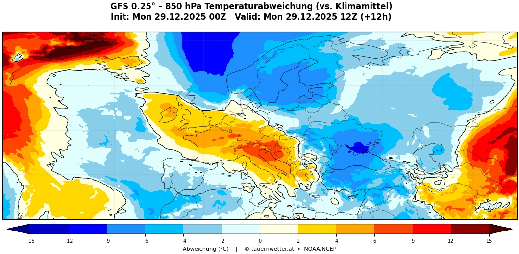 850 hPa Temperaturabweichung am 29. Dezember - polare Kaltluft beginnt nach Mitteleuropa vorzustoßen