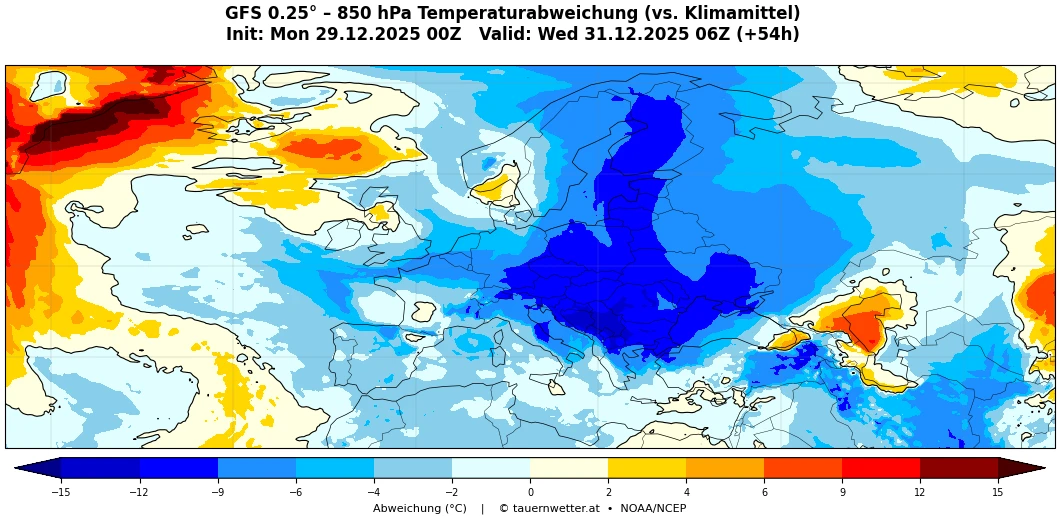 850 hPa Temperaturabweichung am 31. Dezember - polare Kaltluft hat Österreich voll erfasst