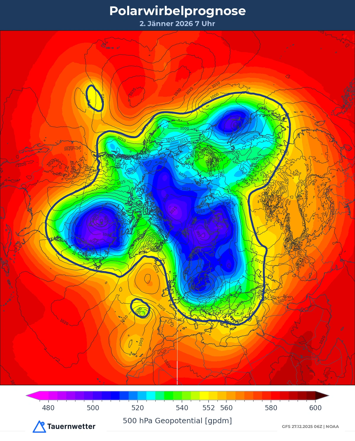 Polarwirbelprognose für den 2. Januar 2026 - mehrere getrennte Kerne zeigen den Split