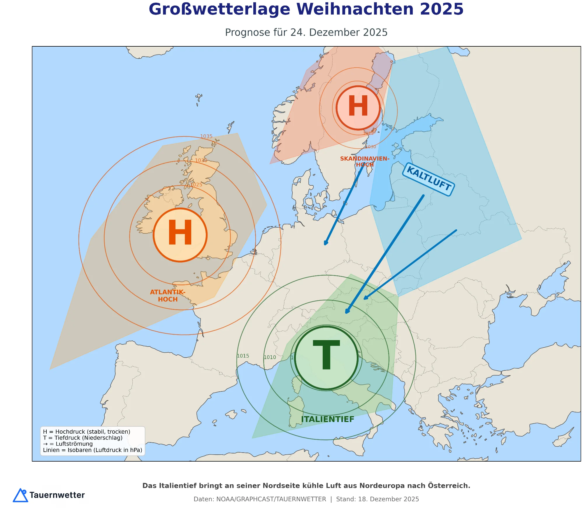 Großwetterlage Weihnachten 2025: Italientief bringt kühle Luft nach Österreich