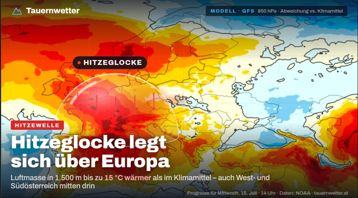 Grafik der Hitzeglocke über Europa mit bis zu 15 Grad Temperaturabweichung in 1500 Meter Höhe am Mittwoch.
