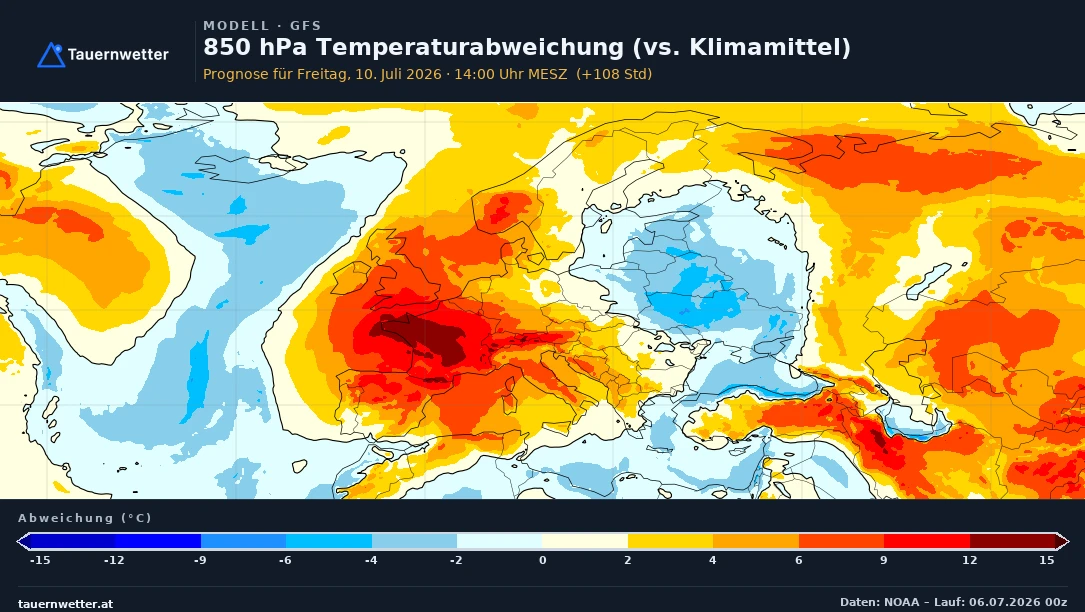 Karte der Temperaturabweichung in rund 1.500 Metern Höhe über Europa mit einer ausgeprägten Hitzeglocke über den Alpen am Freitag.