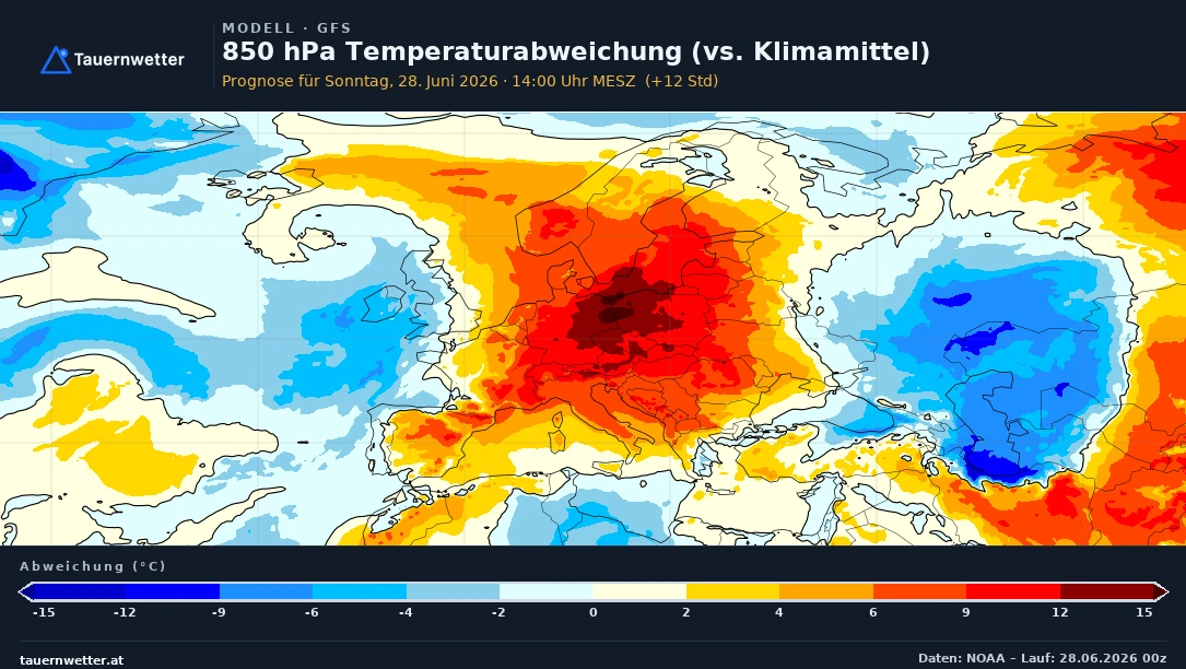 Karte der Temperaturabweichung in rund 1.500 Metern Höhe über Europa: Hitzeglocke verlagert sich von Westeuropa nach Mitteleuropa