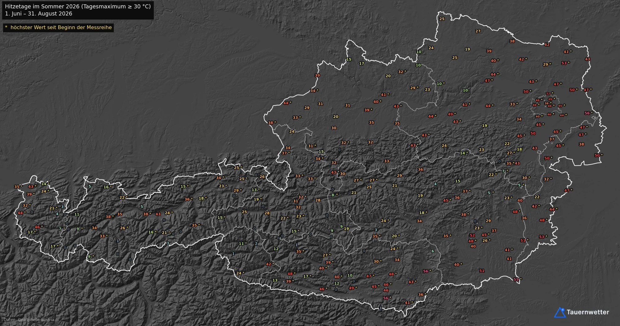 Karte Österreichs mit der Zahl der Hitzetage im Sommer 2026 an allen Wetterstationen; die höchsten Werte im Süden und Osten.