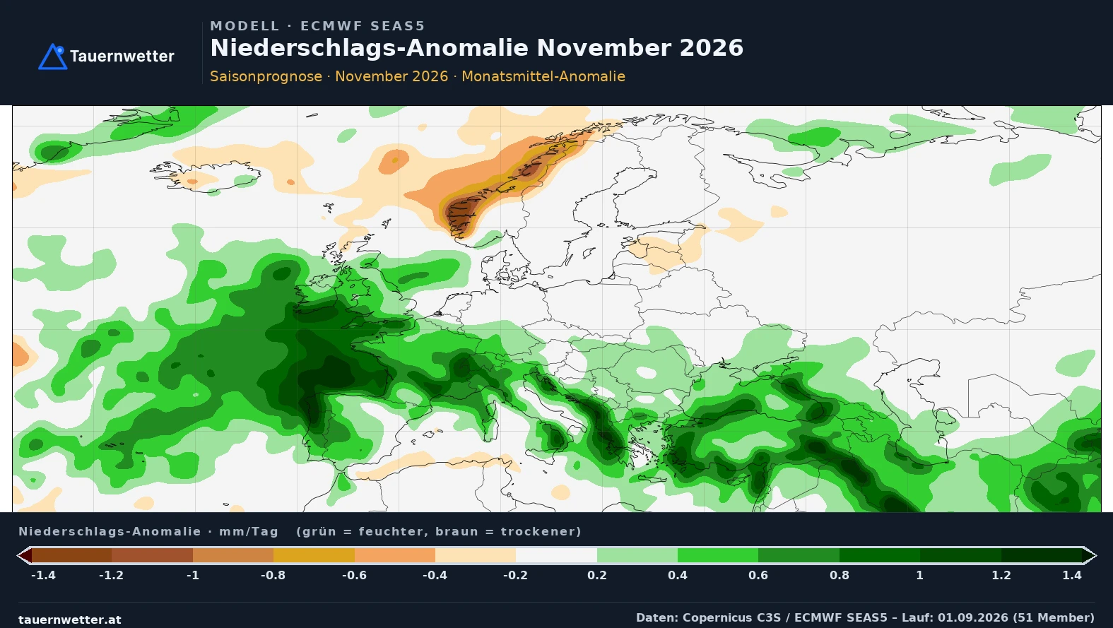 Europakarte der SEAS5-Saisonprognose mit der Niederschlagsabweichung im November 2026: zu nass über Westeuropa, dem Mittelmeer und dem Alpenraum.