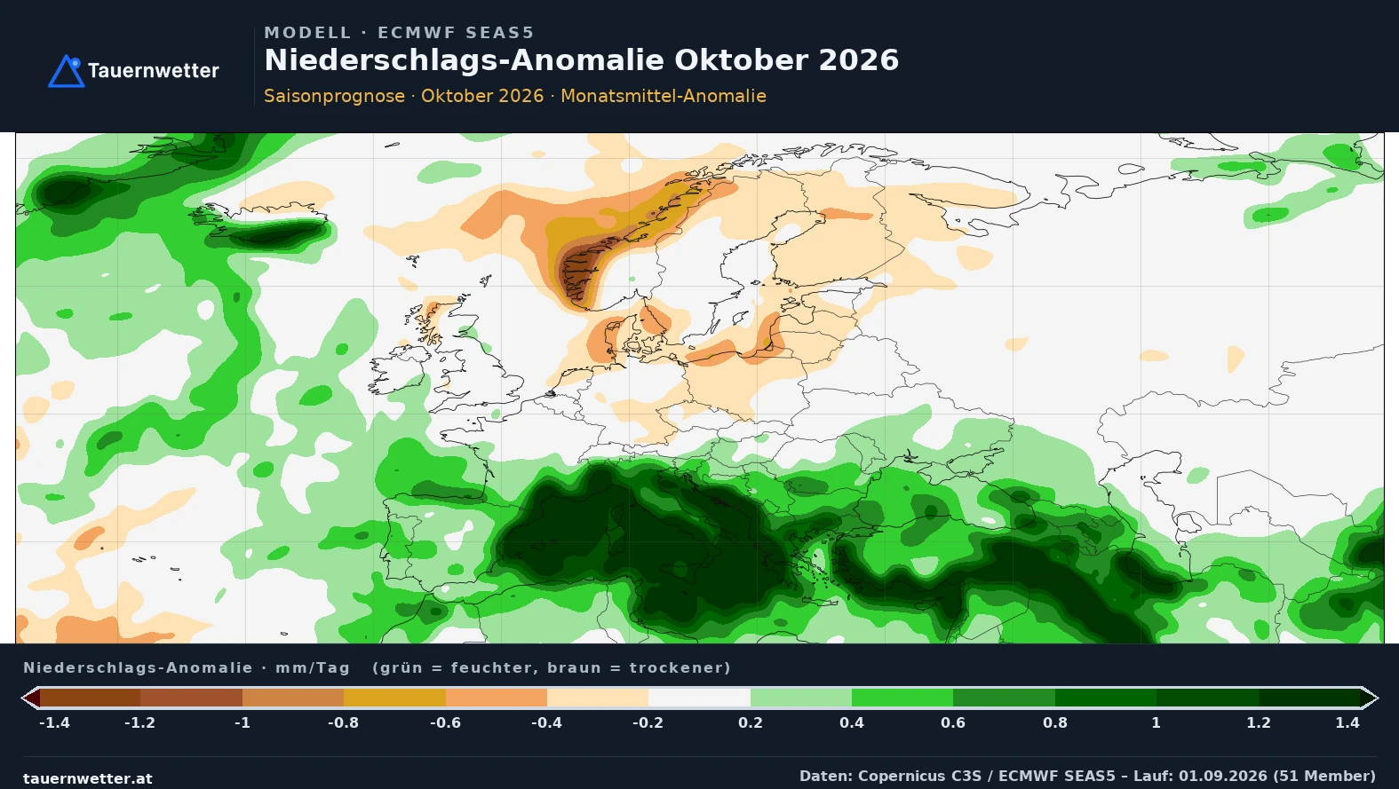 Europakarte der SEAS5-Saisonprognose mit der Niederschlagsabweichung im Oktober 2026: kräftig zu nass rund um das Mittelmeer und über den Südalpen.