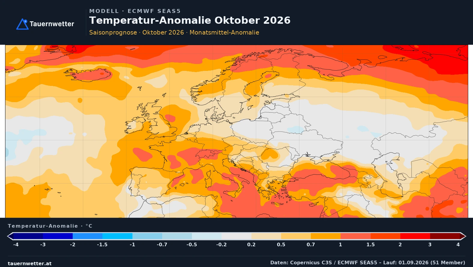 Europakarte der SEAS5-Saisonprognose mit der Temperaturabweichung im Oktober 2026: über dem Alpenraum 0,7 bis 1,5 Grad über dem Klimamittel.