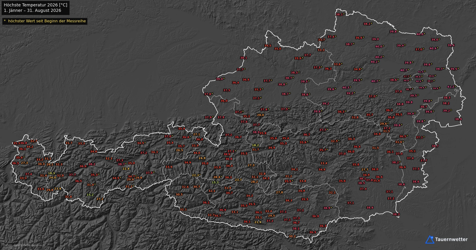 Karte Österreichs mit der höchsten Temperatur des Jahres 2026 an allen Wetterstationen.