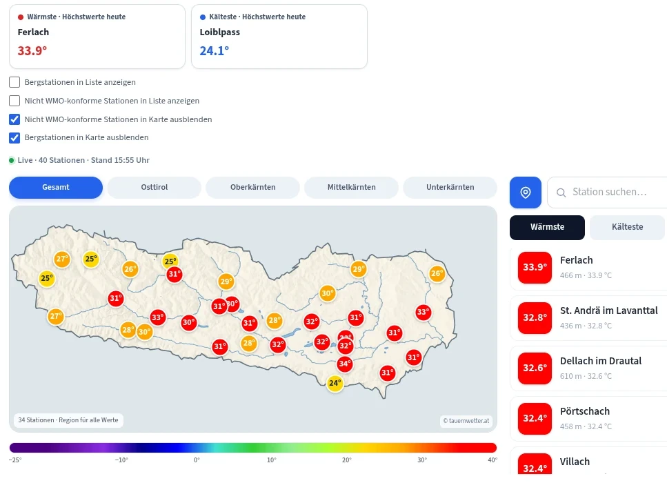 Karte der Tageshöchstwerte in Kärnten und Osttirol vom 7. Juli 2026 mit Spitzenwert von 33,9 Grad in Ferlach.