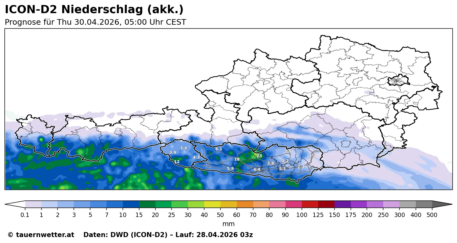 ICON D2 Niederschlagsprognose für Kärnten und Osttirol, 48 Stunden ab 28. April 2026
