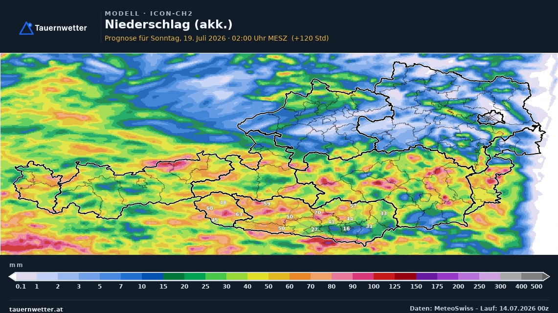 Karte des aufsummierten Niederschlags über Österreich bis Sonntag mit fleckenhafter Verteilung der Regenmengen.
