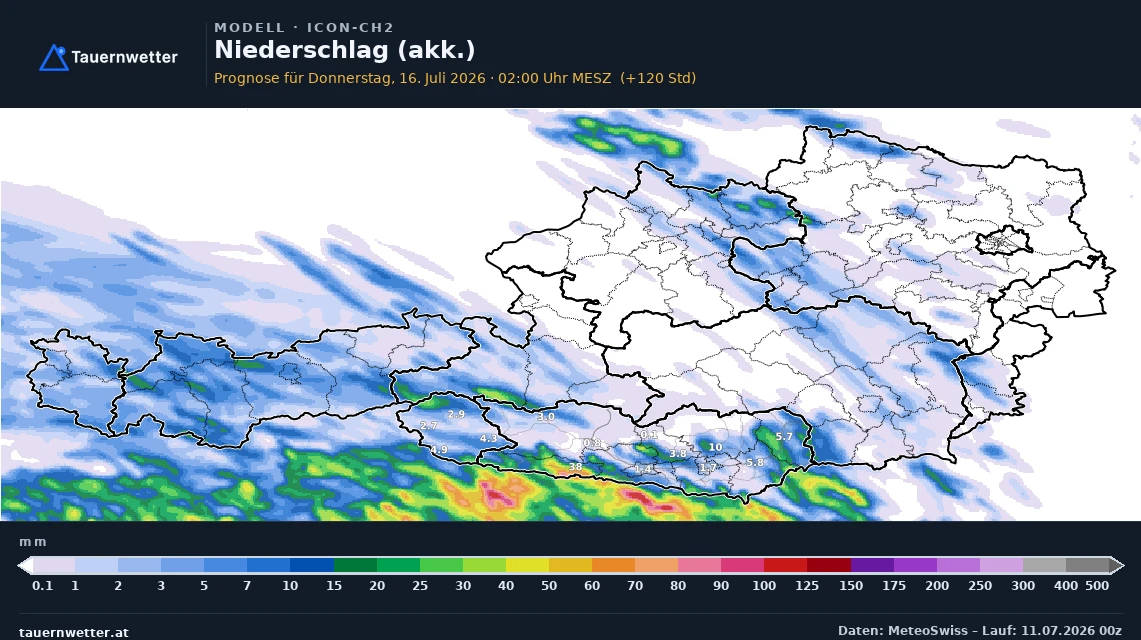 Karte des aufsummierten Niederschlags über Österreich bis Donnerstag mit nur geringen Mengen in Kärnten und Osttirol.