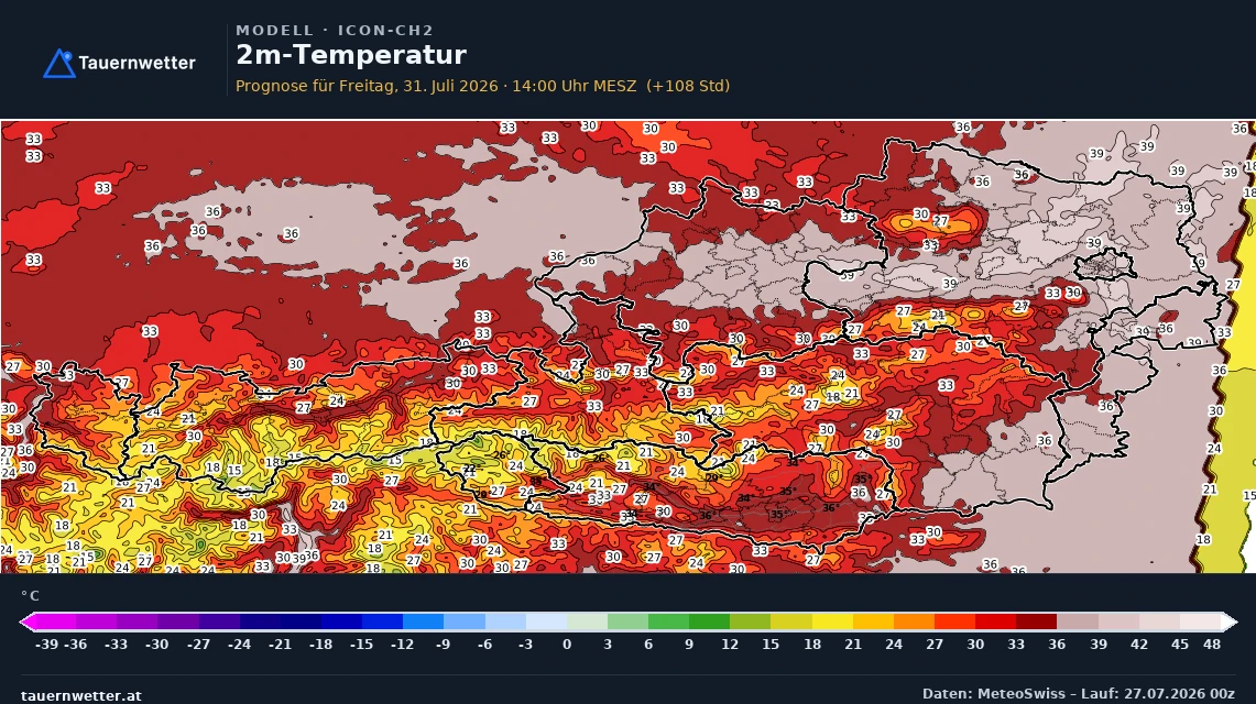 Karte der 2-Meter-Temperatur für Freitag, 31. Juli, 14 Uhr, mit einem kühleren Fleck im Raum Lienz durch ein prognostiziertes Gewitter.