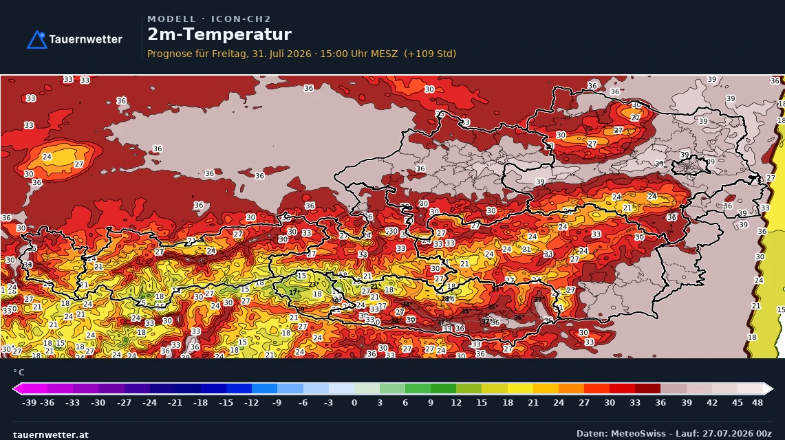 Karte der 2-Meter-Temperatur für Freitag, 31. Juli, 15 Uhr, mit Höchstwerten bis nahe 40 Grad im Osten Österreichs.