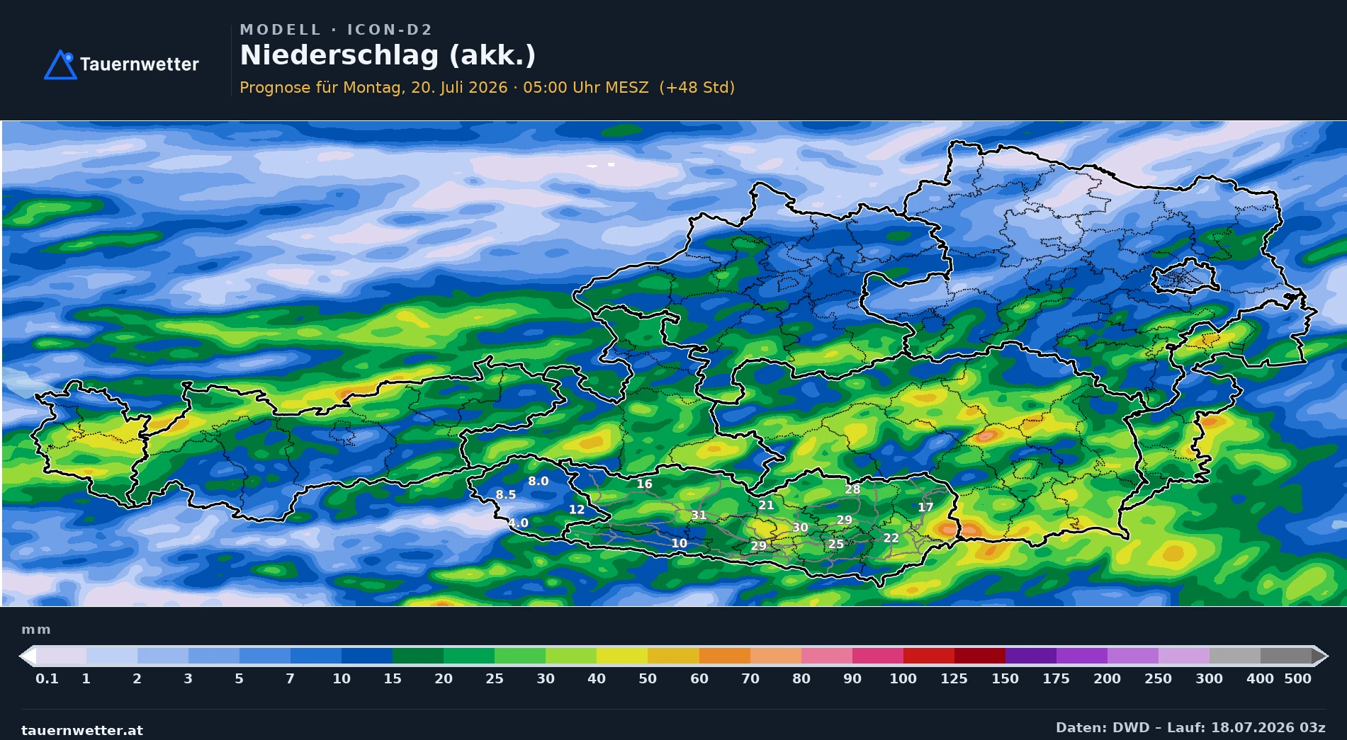 Karte der berechneten Niederschlagsmengen für Kärnten und Osttirol bis Montagfrüh.